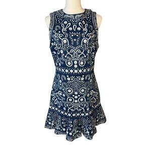 Alice + Olivia Dress Rapunzel Embroidered Blue Chambray Size 12 Flounce Hem